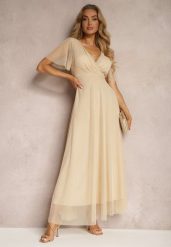 Beżowa Siateczkowa Sukienka z Kopertowym Dekoltem Wiązana w Talii Niblea. Brązowe sukienki damskie Renee, na co dzień, m, bez wzorów, eleganckie, bez kołnierzyka, bez ramiączek, maxi, kopertowe. Za 89.99 zł.