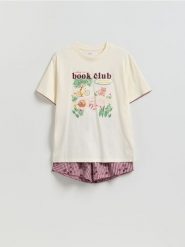 Dwuczęściowa piżama z nadrukiem - złamana biel. Piżamy damskie Reserved, l, bez wzorów, z bawełny, bez ramiączek. Za 109.99 zł.