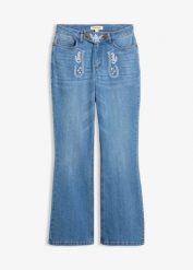 Ludowe jeansy bootcut, mid waist, z haftem. Niebieskie jeansy damskie bonprix. Za 169.99 zł.