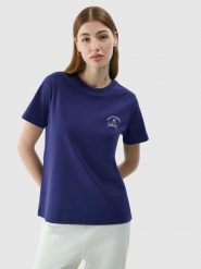 4F T-shirt regular z nadrukiem damski - granatowy XS. Niebieskie koszulki sportowe damskie 4f, xs, bez wzorów, z bawełny, klasyczne, bez kołnierzyka. W wyprzedaży za 29.99 zł.