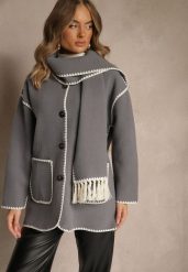 Szara Kurtka Oversize z Szalikiem i Ozdobnymi Przeszyciami Claritila. Szare kurtki damskie Renee, bez wzorów, z jeansu, bez kaptura. Za 199.99 zł.