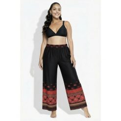 Damskie Spodnie palazzo obszycie szeroka nogawka elastyczny pas. Czarne spodnie materiałowe damskie Ulla Popken, plus size, bez wzorów, z materiału, na jogę i pilates. Za 239.99 zł.