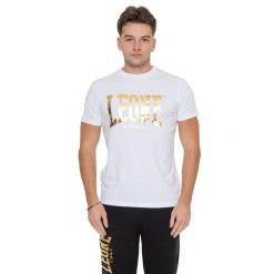 Koszulka Kurzärmliges aus Stretch-Baumwolle z dużym logo Leone 1947 Gold. Białe buty sportowe męskie LEONE 1947 APPAREL, bez wzorów, z bawełny, bez kołnierzyka, bez ramiączek, na fitness i siłownię. W wyprzedaży za 73.68 zł.