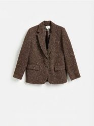 Marynarka z wełną - ciemnobrązowy. Brązowe żakiety damskie Reserved, l, bez wzorów, z bawełny. Za 359.99 zł.