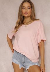 Jasnoróżowy T-shirt Eraela. Czerwone bluzki damskie Renee, plus size, bez wzorów, z bawełny, klasyczne, bez kołnierzyka. Za 19.99 zł.