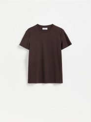 T-shirt slim z bawełny pima - ciemnobrązowy. Brązowe t-shirty męskie Reserved, l, bez wzorów, z bawełny, bez kołnierzyka. Za 79.99 zł.