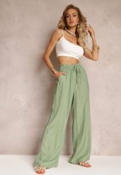 Zielone Szerokie Spodnie z Wiskozy i Gumką w Pasie Abyga. Zielone spodnie materiałowe damskie Renee, l, bez wzorów, z jeansu, tenisowe. Za 79.99 zł.