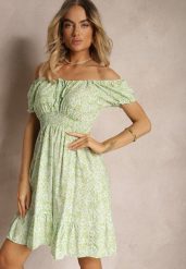 Jasnozielona Hiszpanka Sukienka Wiskozowa z Materiałowym Paskiem i Gumką w Pasie z Falbanką Tiamarosa. Zielone sukienki damskie Renee, l, bez wzorów, z materiału, bez kołnierzyka, bez ramiączek, mini. Za 59.99 zł.