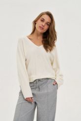 Sweter z dekoltem w serek ecru. Swetry damskie MOODO, l, bez wzorów, z poliamidu, bez kołnierzyka, bez ramiączek, bez kaptura. Za 119.99 zł.