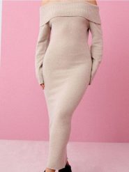 Sukienka z dekoracyjnym dekoltem - beżowy. Brązowe sukienki damskie Sinsay, l, bez wzorów, bez kołnierzyka, bez ramiączek. Za 69.99 zł.