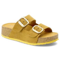 Klapki damskie Yokono, cholewka ze skóry naturalnej zamszowej dwa szerokie paski z regulacją na platformie, żółte, Lanka-003 Ser Mostaza. Żółte paski damskie Yokono, bez wzorów, ze skóry. Za 249.00 zł.