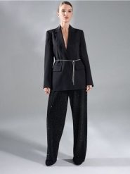 Spodnie wide leg z cyrkoniami - czarny. Czarne spodnie materiałowe damskie Sinsay, l, bez wzorów. Za 49.99 zł.