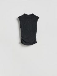 Bluzka z metalizowaną nicią - czarny. Czarne bluzki damskie Reserved, l, bez wzorów, z dzianiny, bez kołnierzyka, bez ramiączek. Za 99.99 zł.