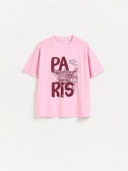 Bawełniany t-shirt z nadrukiem - różowy. Czerwone t-shirty damskie Reserved, l, bez wzorów, z bawełny, bez kołnierzyka. Za 59.99 zł.