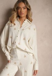 Biało-Beżowa Koszula Boho z Wiskozy i Lnu z Ozdobnym Hafem Arliena. Białe bluzki damskie Renee, bez wzorów, z jeansu, boho, bez kołnierzyka, bez ramiączek. Za 74.99 zł.