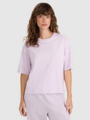 4F T-shirt oversize gładki damski - fioletowy S. Fioletowe koszulki sportowe damskie 4f, s, bez wzorów, z bawełny, bez kołnierzyka, bez ramiączek. Za 59.99 zł.