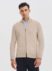 PAKO LORENTE - Beżowy rozpinany sweter męski. Brązowe kardigany męskie Pako Lorente, l, bez wzorów, z poliamidu. Za 149.99 zł.