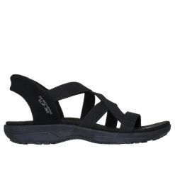 Sandały damskie Skechers Reggae Slim Stretch Flex. Czarne sandały damskie Skechers, bez wzorów, z materiału, bez obcasa, bez zapięcia. Za 289.99 zł.