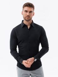 Koszula dzianinowa męska SLIM FIT z długim rękawem – czarna V4 OM-SHCS-0177 - L. Czarne koszule męskie Ombre Clothing, l, bez wzorów, z bawełny, bez kołnierzyka, bez ramiączek. W wyprzedaży za 109.99 zł.