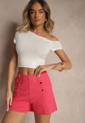 Fuksjowe Bawełniane Szorty High Waist Ozdobione Guzikami Seporiae. Czerwone szorty damskie Renee, l, bez wzorów, z bawełny, eleganckie, z podwyższonym stanem. Za 44.99 zł.