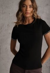 Czarny T-shirt z Bawełny Ozdobiony Cyrkoniami Kallochis. Czarne bluzki damskie Renee, m, bez wzorów, z bawełny, bez kołnierzyka. Za 59.99 zł.