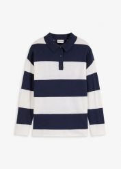 Sweter oversize z kołnierzykiem polo. Niebieskie swetry damskie bonprix, bez wzorów, z bawełny, bez kołnierzyka, bez ramiączek, bez kaptura. Za 92.99 zł.