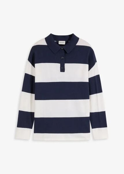 Sweter oversize z kołnierzykiem polo. Niebieskie swetry damskie bonprix, bez wzorów, z bawełny, bez kołnierzyka, bez ramiączek, bez kaptura. Za 79.99 zł.