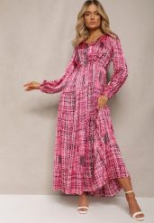 Fuksjowa Plisowana Sukienka Maxi Ozdobiona Wzorem w Tweedowym Stylu Juvioa. Czerwone sukienki damskie Renee, l, bez wzorów, z materiału, bez kołnierzyka, bez ramiączek, maxi. Za 139.99 zł.