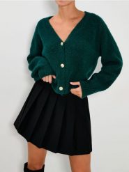 Rozpinany sweter na guziki - zielony. Zielone swetry damskie Sinsay, l, bez wzorów, bez kołnierzyka, bez ramiączek, bez kaptura. Za 69.99 zł.