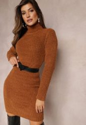 Brązowa Sweterkowa Sukienka Mini w Prążki z Wełną Klonxe. Brązowe sukienki damskie Renee, bez wzorów, z dzianiny, bez kołnierzyka, bez ramiączek, mini. Za 54.99 zł.