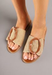 Brązowe Klapki Vices z Geometryczną Ozdobą Arrisaria. Brązowe klapki damskie Born2be, z aplikacjami, eleganckie, bez obcasa, na płaskiej podeszwie. Za 59.99 zł.
