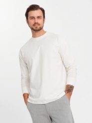 Męski bawełniany longsleeve LOOSE FIT z okrągłym dekoltem kremowy V2 OM-LSBC-0129 S. Białe bluzki z długim rękawem męskie Ombre, m, bez wzorów, z bawełny, bez kołnierzyka. Za 181.54 zł.