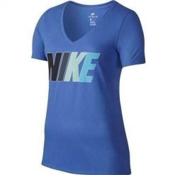 Koszulka sportowa damska Nike Teeflavor Burts. Niebieskie koszulki sportowe damskie Nike, bez wzorów, bez kołnierzyka, bez ramiączek. Za 118.00 zł.