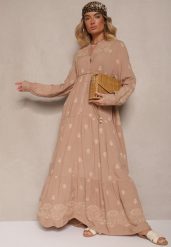 Jasnobeżowa Rozkloszowana Sukienka Ozdobiona Haftem i Wzorem Boho Ronavere. Brązowe sukienki damskie Renee, na co dzień, na lato, l, bez wzorów, boho, bez kołnierzyka, bez ramiączek, maxi, kopertowe. Za 169.99 zł.