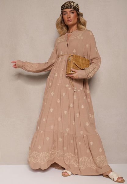 Jasnobeżowa Rozkloszowana Sukienka Ozdobiona Haftem i Wzorem Boho Ronavere. Brązowe sukienki damskie Renee, na co dzień, na lato, l, bez wzorów, boho, bez kołnierzyka, bez ramiączek, maxi, kopertowe. Za 169.99 zł.