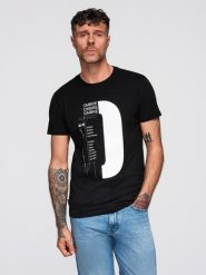 Męska koszulka z dużym printem – czarna V3 - Rozmiar: M. Czarne t-shirty męskie Ombre Clothing, m, bez wzorów, z bawełny, bez kołnierzyka. W wyprzedaży za 81.24 zł.