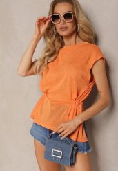 Pomarańczowy Top z Regulacją w Talii i Wiązaniem na Dole z Rozcięciem na Plecach Tiimaelin. Brązowe bluzki damskie Renee, m, bez wzorów, z jeansu, eleganckie, bez kołnierzyka, bez ramiączek. Za 49.99 zł.