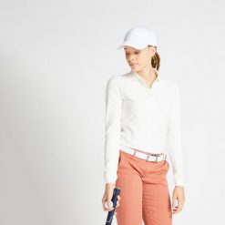 Koszulka do golfa polo z długim rękawem damska MW500. Białe koszulki sportowe damskie INESIS, m, bez wzorów, z bawełny, bez kołnierzyka, bez ramiączek, na golfa. Za 69.99 zł.