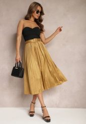 Złota Plisowana Spódnica Rozkloszowana z Paskiem z Satyny i Klamerką Abellema. Żółte spódnice damskie Renee, m, bez wzorów, z satyny, eleganckie, midi, koszulowe. Za 44.99 zł.
