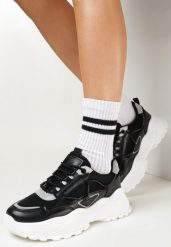 Czarno-Szare Sneakersy z Dekoracyjną Sznurówką Wokół Cholewki Nebissa. Czarne obuwie sportowe damskie Born2be, bez wzorów. Za 79.99 zł.