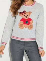 Sweter z motywem świątecznym z domieszką wełny - szary. Szare swetry damskie Sinsay, l, bez wzorów, z wełny, wizytowe, bez kołnierzyka, bez ramiączek, bez kaptura. Za 59.99 zł.
