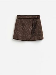 Spódnica mini z wełną - ciemnobrązowy. Brązowe spódnice damskie Reserved, l, bez wzorów, z tkaniny, mini, trapezowe. Za 179.99 zł.