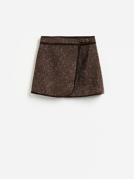 Spódnica mini z wełną - ciemnobrązowy. Brązowe spódnice damskie Reserved, l, bez wzorów, z tkaniny, mini, trapezowe. Za 179.99 zł.
