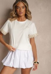 Biały Bawełniany T-shirt z Koronkowymi Zdobieniami i Cekinami Drane. Białe bluzki damskie Renee, m, z aplikacjami, z bawełny, eleganckie, bez kołnierzyka. Za 44.99 zł.