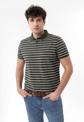 Polo w paski O-LANTIANO. Zielone koszulki polo męskie Volcano, na jesień, l, bez wzorów, z bawełny, bez ramiączek. Za 109.99 zł.