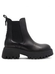 Badura Botki 21801 Czarny. Czarne botki damskie Badura, ze skóry, bez obcasa, na słupku, bez zapięcia. Za 399.99 zł.