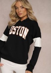 Czarna Bawełniana Bluza z Kapturem w Amerykańskim Stylu z Napisem i Polarem Iocaste. Czarne bluzy damskie Renee, bez wzorów, z bawełny, z kapturem. Za 79.99 zł.