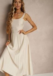 Beżowa Rozkloszowana Sukienka z Wiskozy Milunisa. Brązowe sukienki damskie Renee, na co dzień, m, bez wzorów, z jeansu, eleganckie, bez kołnierzyka, bez ramiączek, maxi, rozkloszowane. Za 59.99 zł.