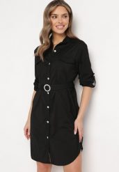 Czarna Sukienka o Koszulowym Fasonie z Paskiem z Cyrkoniami w Komplecie Iosali. Czarne sukienki damskie Born2be, l, bez wzorów, eleganckie, bez kołnierzyka, bez ramiączek, midi, kopertowe. Za 119.99 zł.