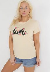 Beżowy Bawełniany T-shirt z Krótkim Rękawem i Nadrukiem Naremena. Brązowe bluzki damskie Born2be, xl, bez wzorów, z bawełny, bez kołnierzyka. Za 39.99 zł.